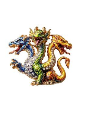 Enamel & Crystal Three-Headed Hydra Dragon Brooch Pin Gold Tone Primary Colors